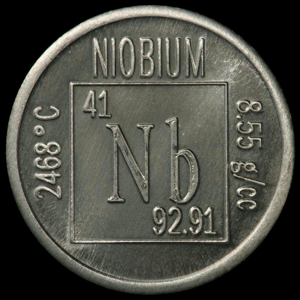 Element coin, a sample of the element Niobium in the Periodic Table